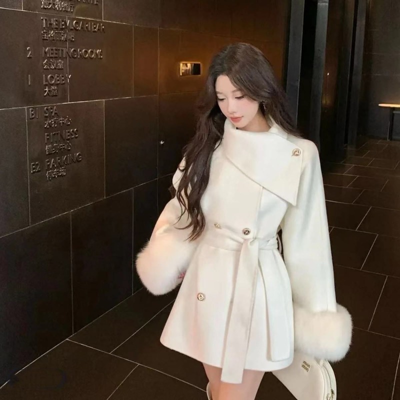 Wool Coat Peacoat - Korean Chic Elegant Double Breasted Fur