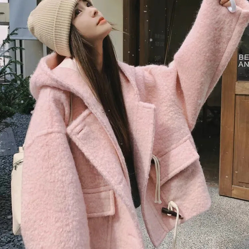 Pink Hooded Crop Woolen Coats  - Wool Coat Peacoat 评论和价格