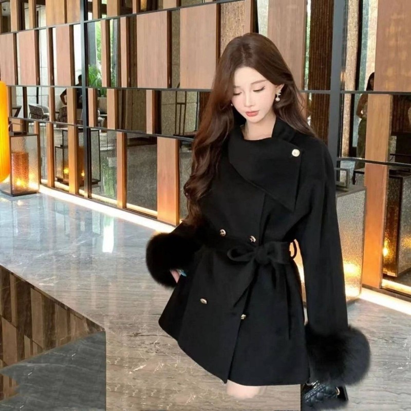 Korean Chic Elegant Double Bre - Wool Coat Peacoat 评论和价格